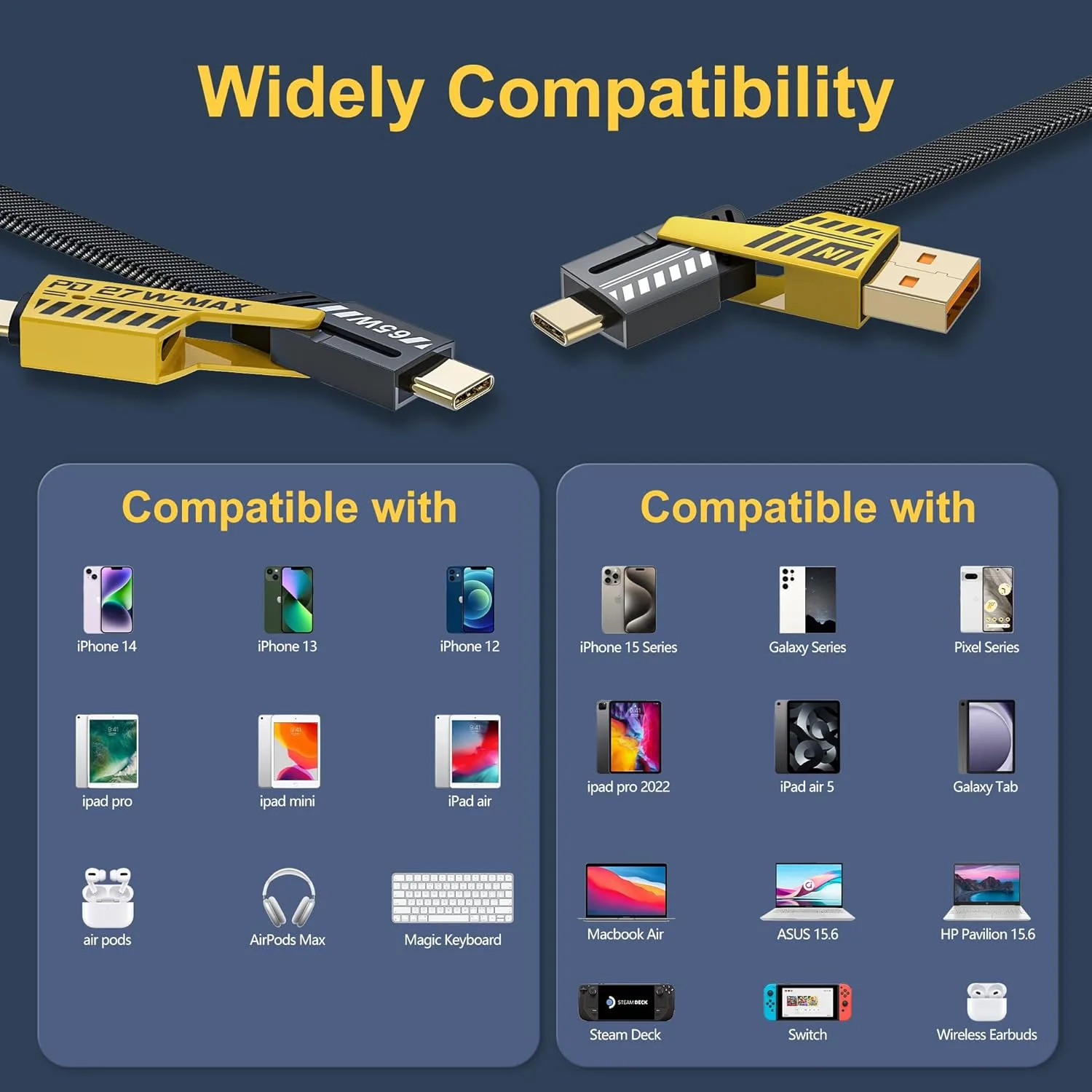 ⁦كابل شحن USB نوهون متعدد الاستخدامات 4 في 1: سريع بطول قدم مع A / C إلى 65 وات نوع + 27 بي دي نايلون مضفر بمنافذ متعددة متوافق آيفون وأندرويد وسامسونج جالاكسي⁩ - الصورة ⁦2⁩