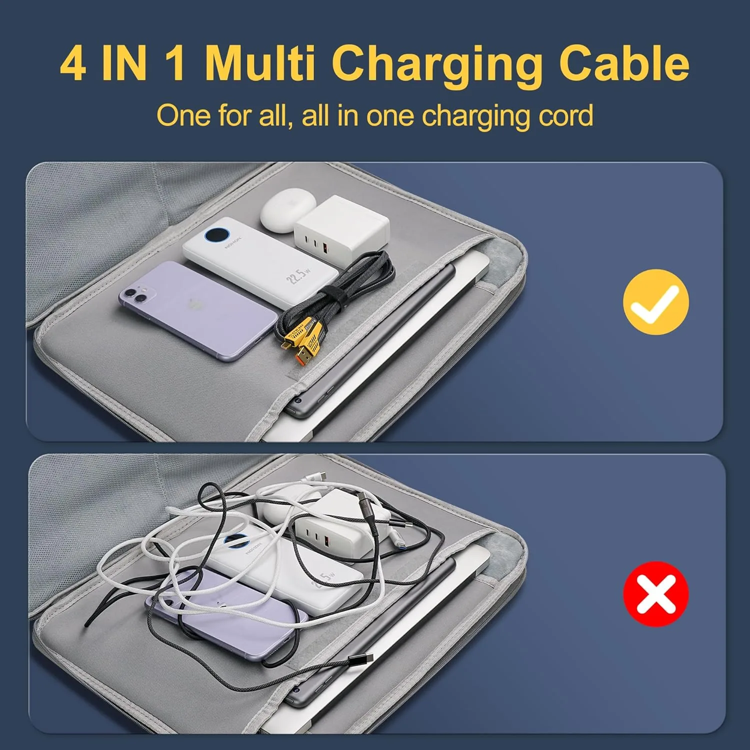⁦كابل شحن USB نوهون متعدد الاستخدامات 4 في 1: سريع بطول قدم مع A / C إلى 65 وات نوع + 27 بي دي نايلون مضفر بمنافذ متعددة متوافق آيفون وأندرويد وسامسونج جالاكسي⁩ - الصورة ⁦3⁩